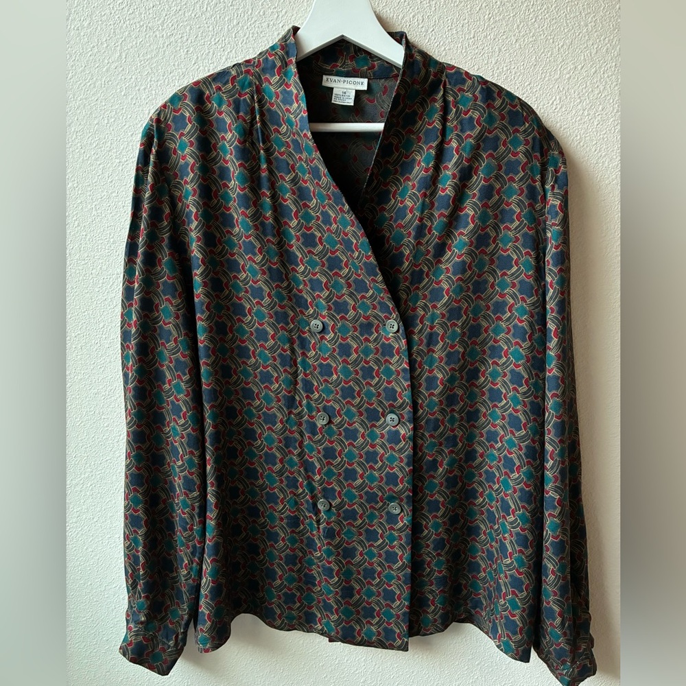 VTG Evan Picone Geometric Print Button Blouse (Size:M)